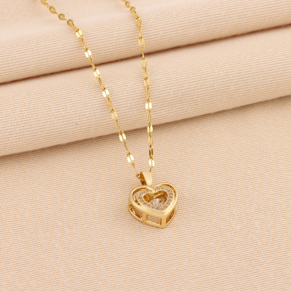 Double-layer Love Necklace With Rhinestones Titanium Steel Pendant Necklace