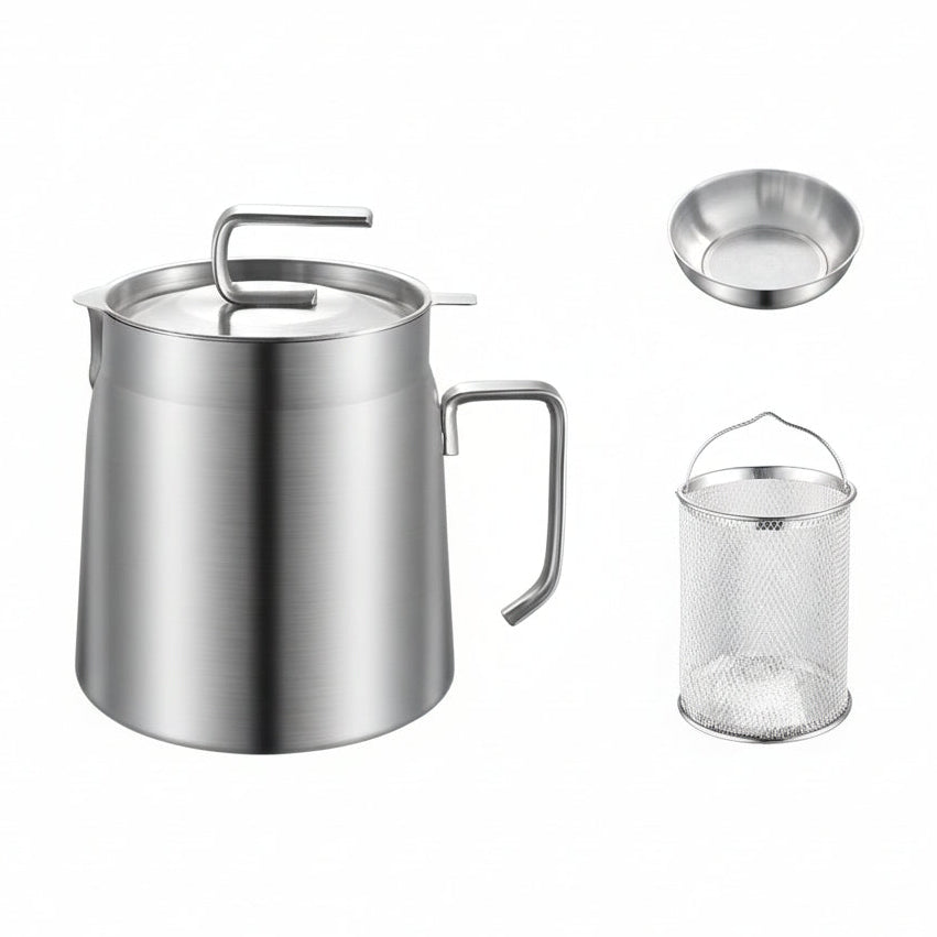 Household Kitchen 304 Stainless Steel Frying Pan Filter Pot with additional components on a white background