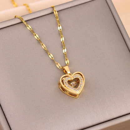 Double-layer Love Necklace With Rhinestones Titanium Steel Pendant Necklace