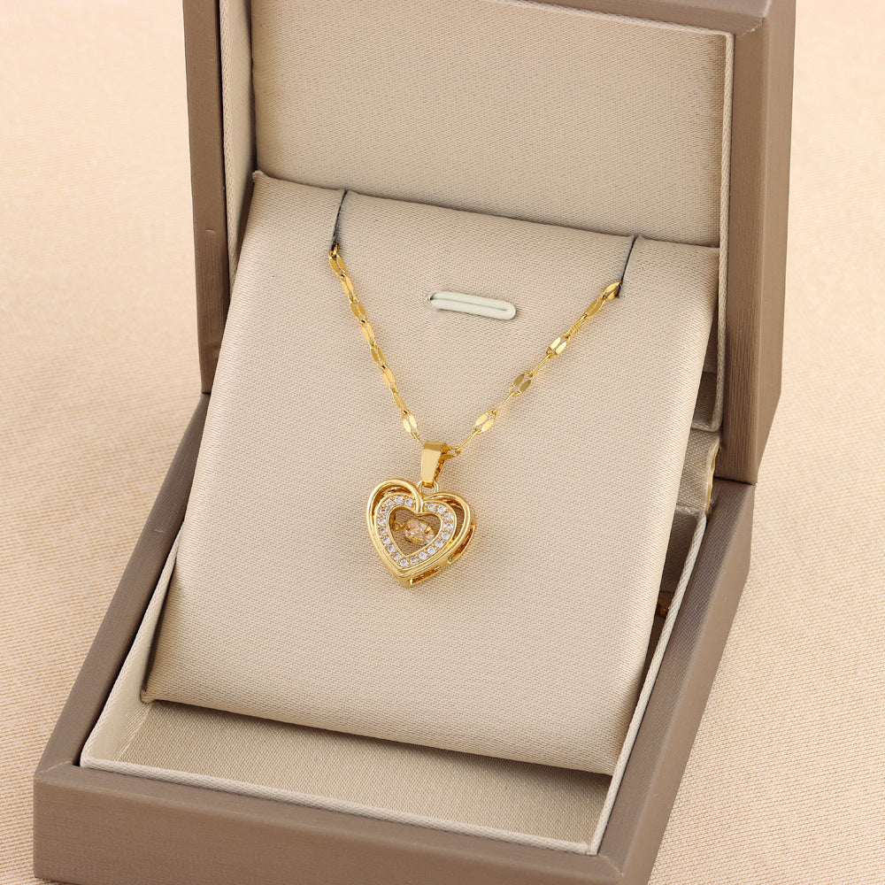 Double-layer Love Necklace With Rhinestones Titanium Steel Pendant Necklace