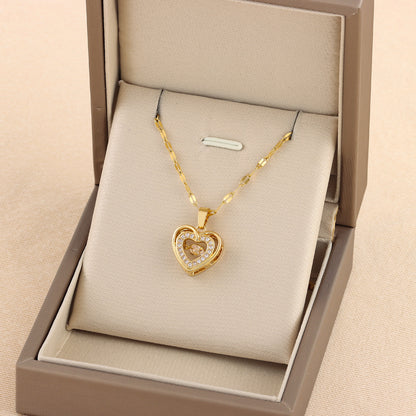 Double-layer Love Necklace With Rhinestones Titanium Steel Pendant Necklace