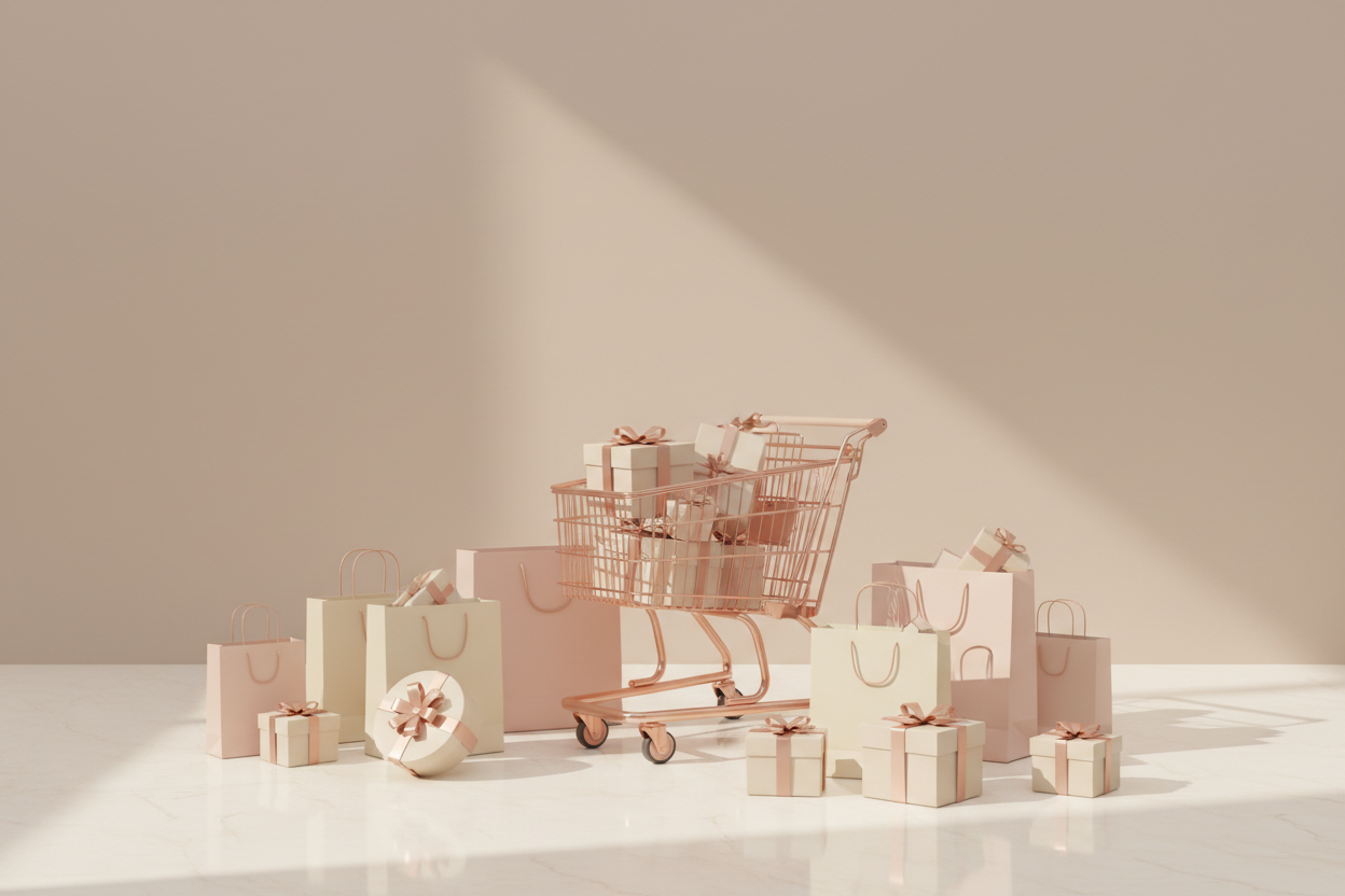 Small shopping cart with gift boxes and decorative items on a light surface
