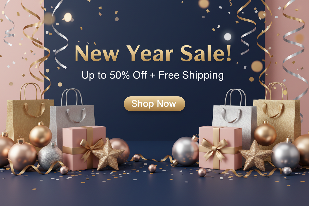 Promotional banner for New Year Sale with gift bags, boxes, and ornaments on a dark blue background.